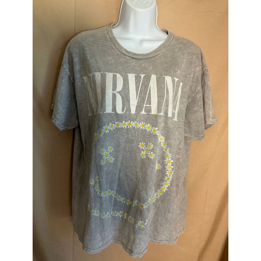 Nirvana Graphic T Shirt Unisex Large Gray Excellent Acid Wash Daisy Smiley Face